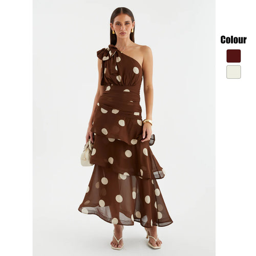 Women's maxi dress with asymmetrical shoulder design and voluminous skirt Lune London