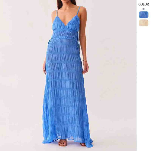Women’s maxi dress with sophisticated ruffle design and deep V-neck