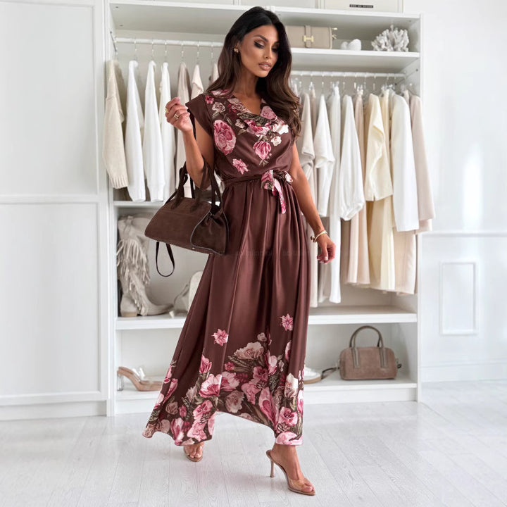 Maxi dress for women with floral pattern, side slit and belt Lune London