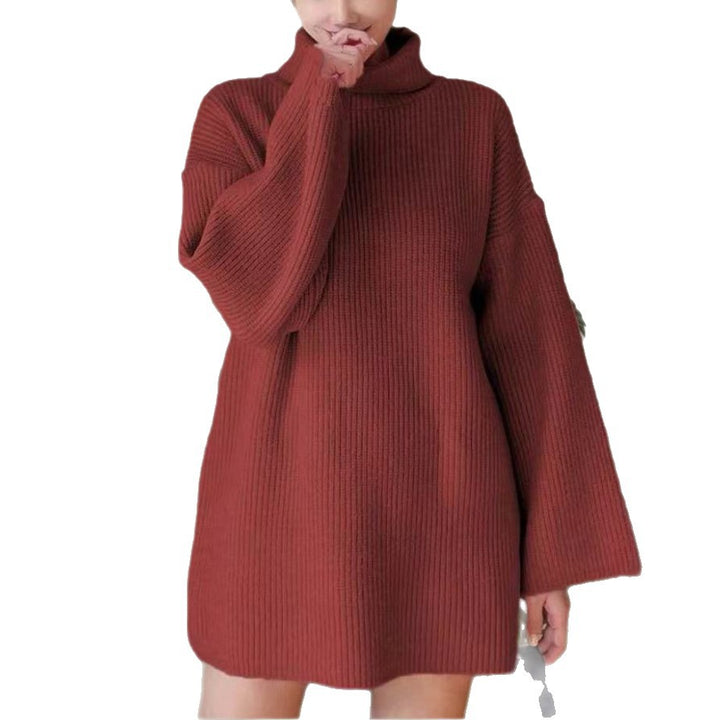 Ladies Long Knit Sweater with High Collar and Flared Sleeves Lune London