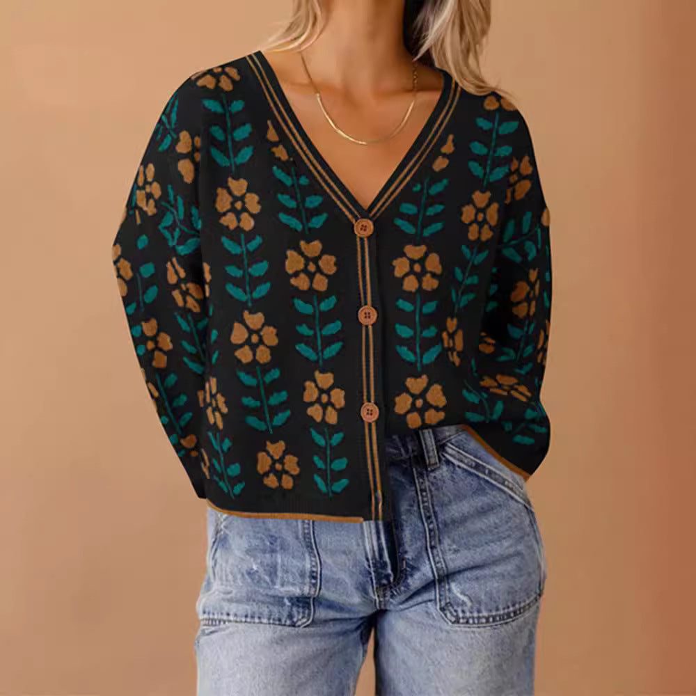 Women's knitted jacket with floral design and button details Lune London