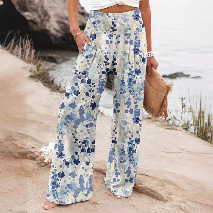 Loose summer pants for women with floral print and elastic waistband Lune London
