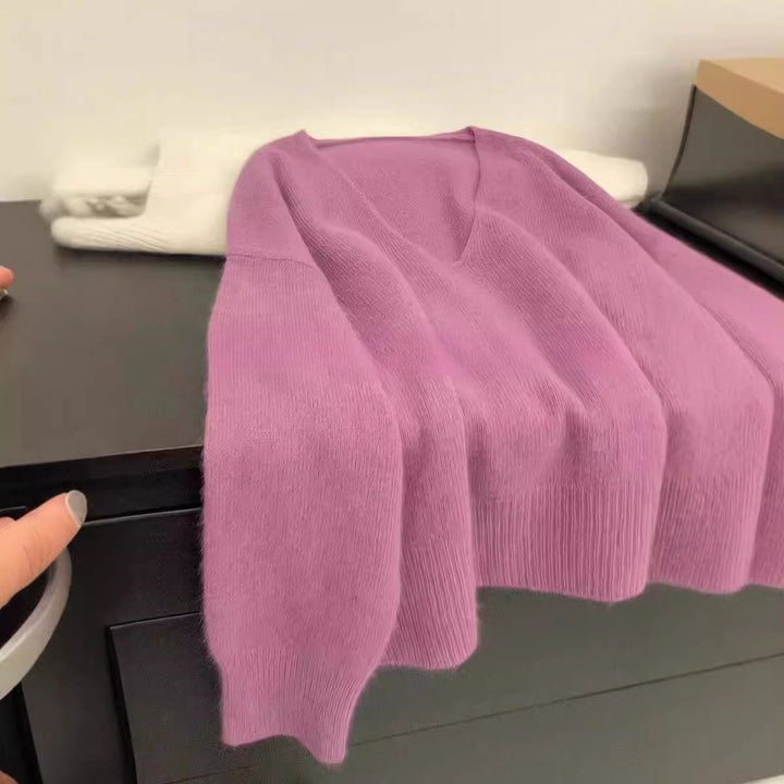 Femme élégant pull V en col avec structure côtelée et coupe décontractée Chic & Stil