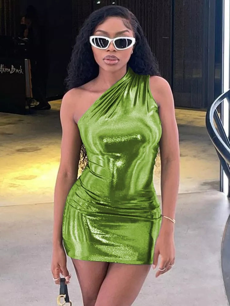 Metallic Bodycon Dress with One Shoulder Women Lune London