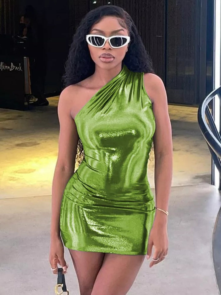 Metallic Bodycon Dress with One Shoulder Women Lune London