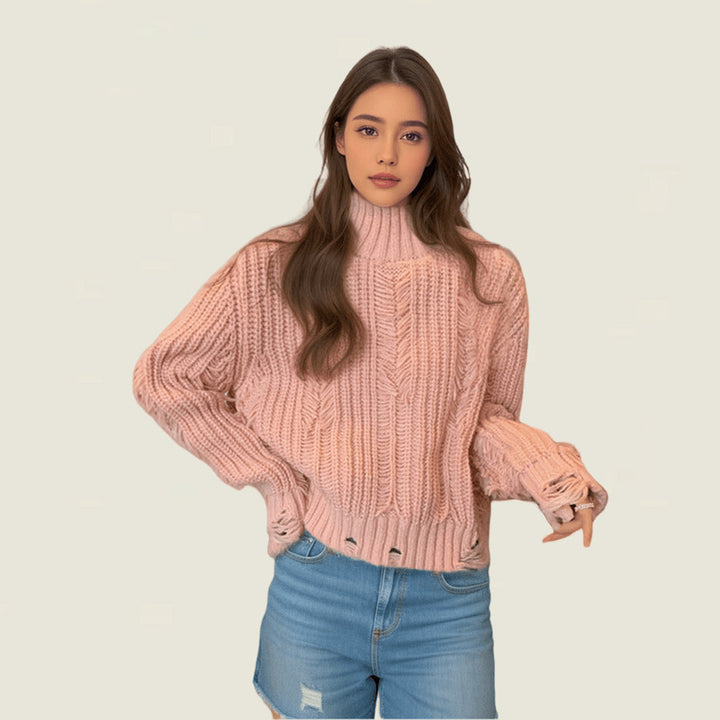 Women chunky knit sweater with high collar and structured design Lune London