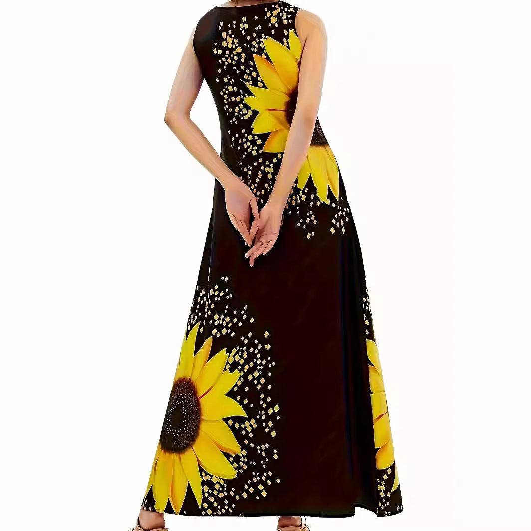 Maxi dress for women with colorful sunflower pattern and practical pockets Lune London