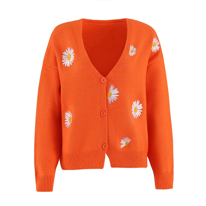 Knitted jacket for women with floral embroidery and V-neck Lune London