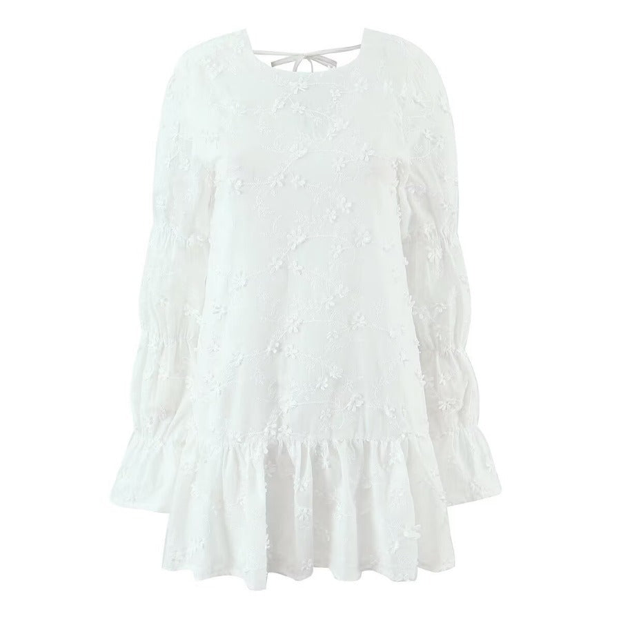 Airy tunic dress for women with floral embroidery and lace hem Lune London