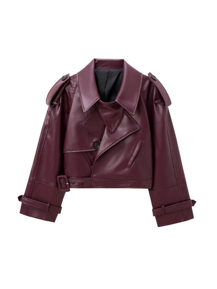 Women's Cropped Leather Motorcycle Jacket with Asymmetric Lapel Lune London