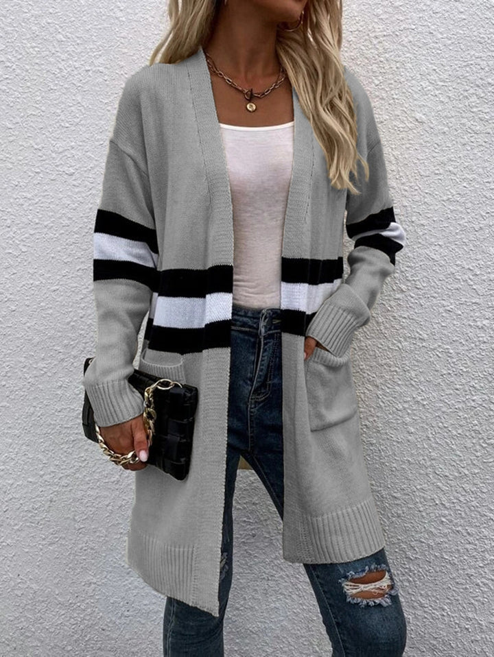 Fashionable striped knit cardigan for women with open front Lune Londonl