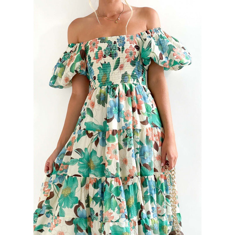 Maxi dress with ruffles off the shoulders for women with floral pattern Lune London
