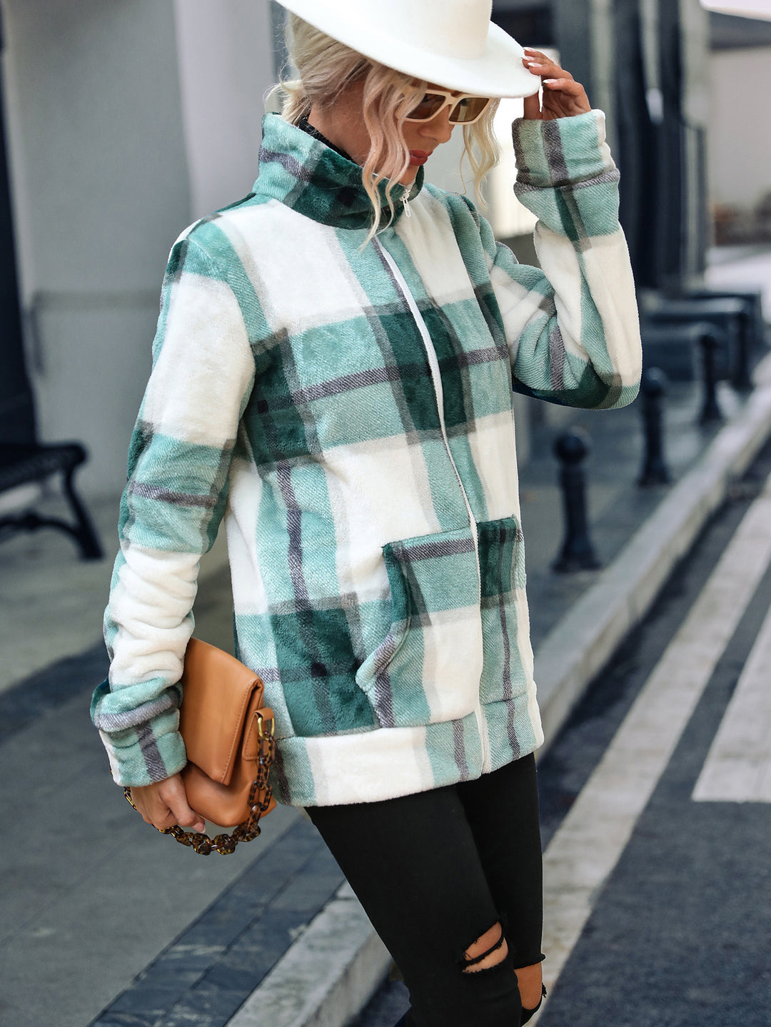Fleece jacket for women with a modern plaid pattern and a high collar Lune London