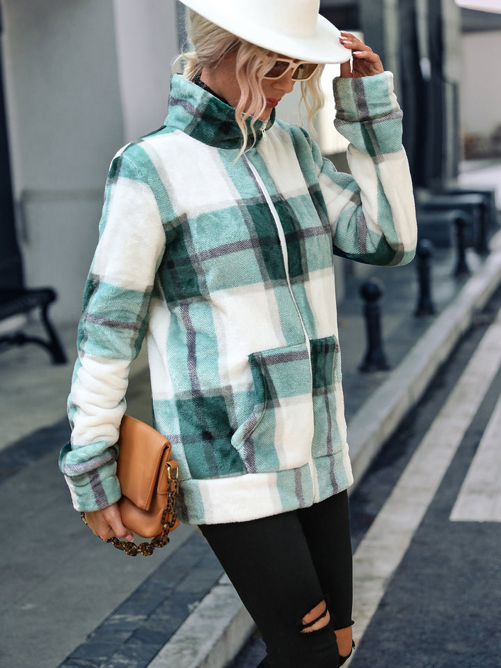 Fleece jacket for women with a modern plaid pattern and a high collar Lune London