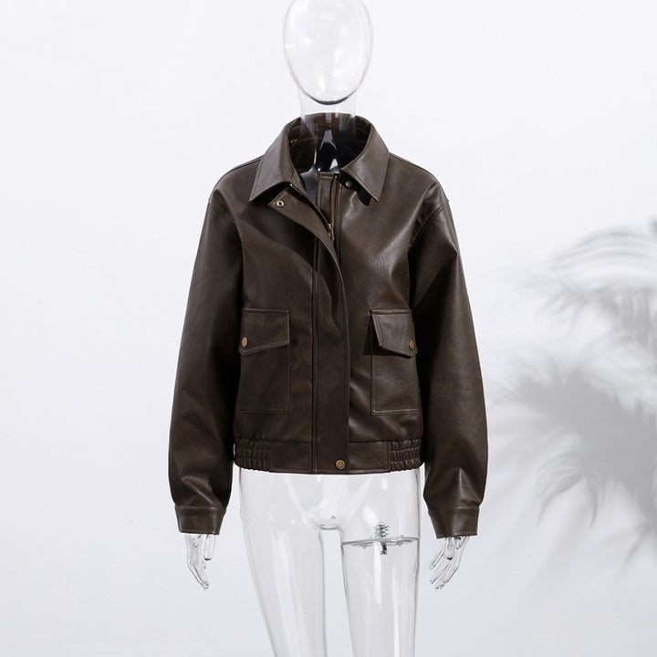 Casual faux leather jacket for women with practical pockets and elastic hem Lune London