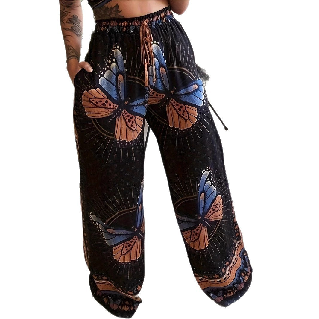 Pleated women's trousers with floral pattern and elastic waistband Lune London