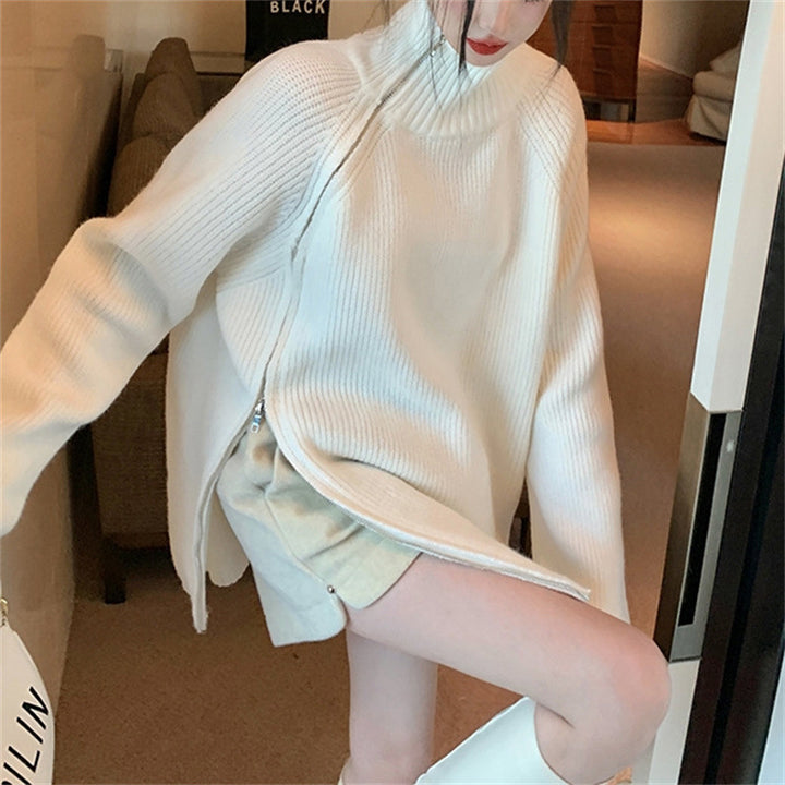 Sweater oversized à col roulé pour femmes avec fermeture éclair latérale et design côtelé Chic & Stil