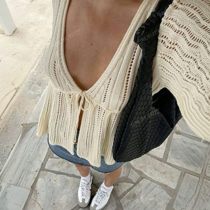 Women airy cardigan with deep V-neck and tie Lune London
