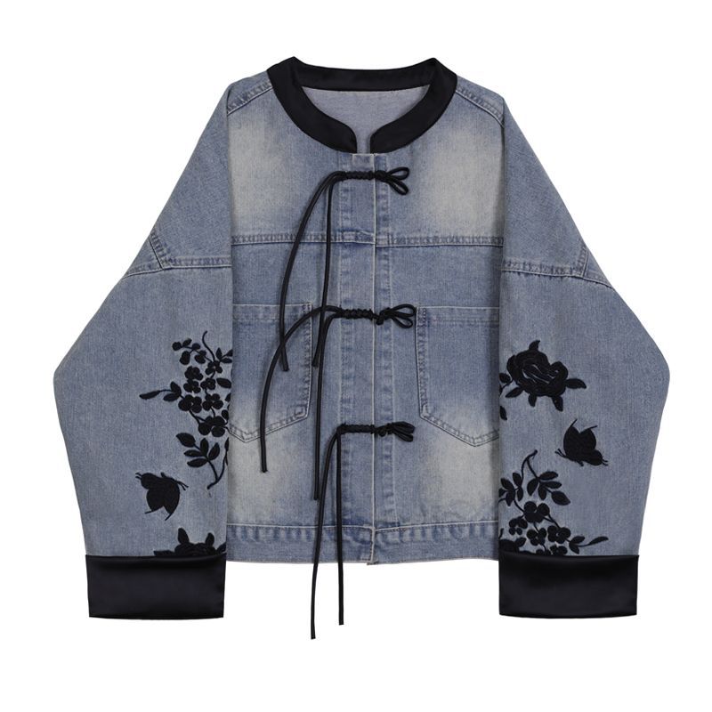 Veste en denim tendance pour femmes avec broderie florale et poignets élégants