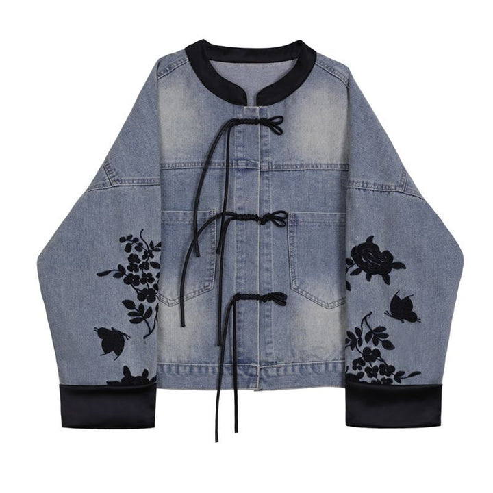 Veste en denim tendance pour femmes avec broderie florale et poignets élégants