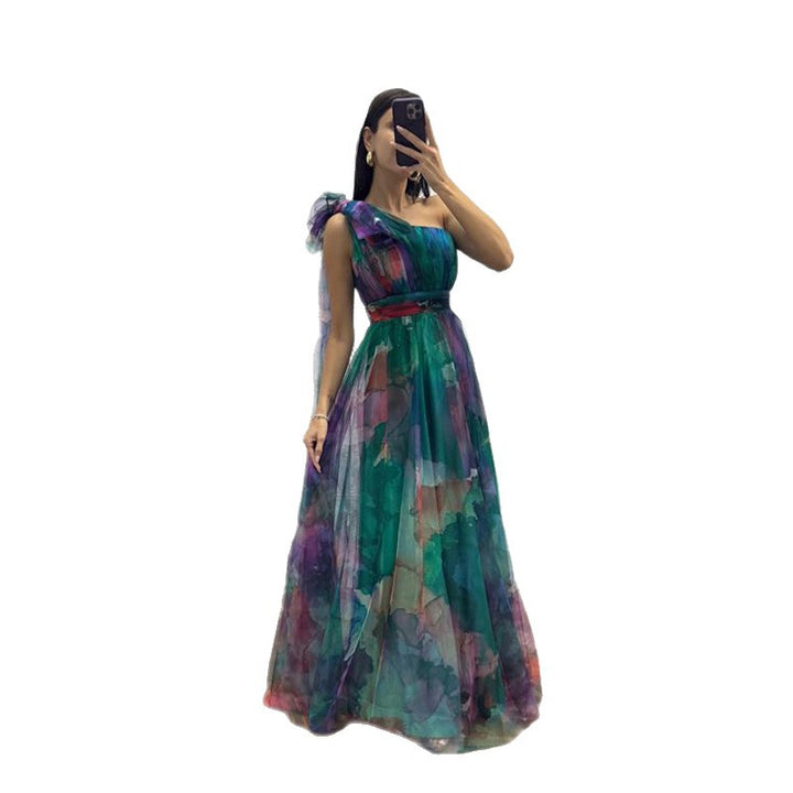 Women's Festive Maxi Dress with Sheer Chiffon Overlays and Delicate Ruffle Design