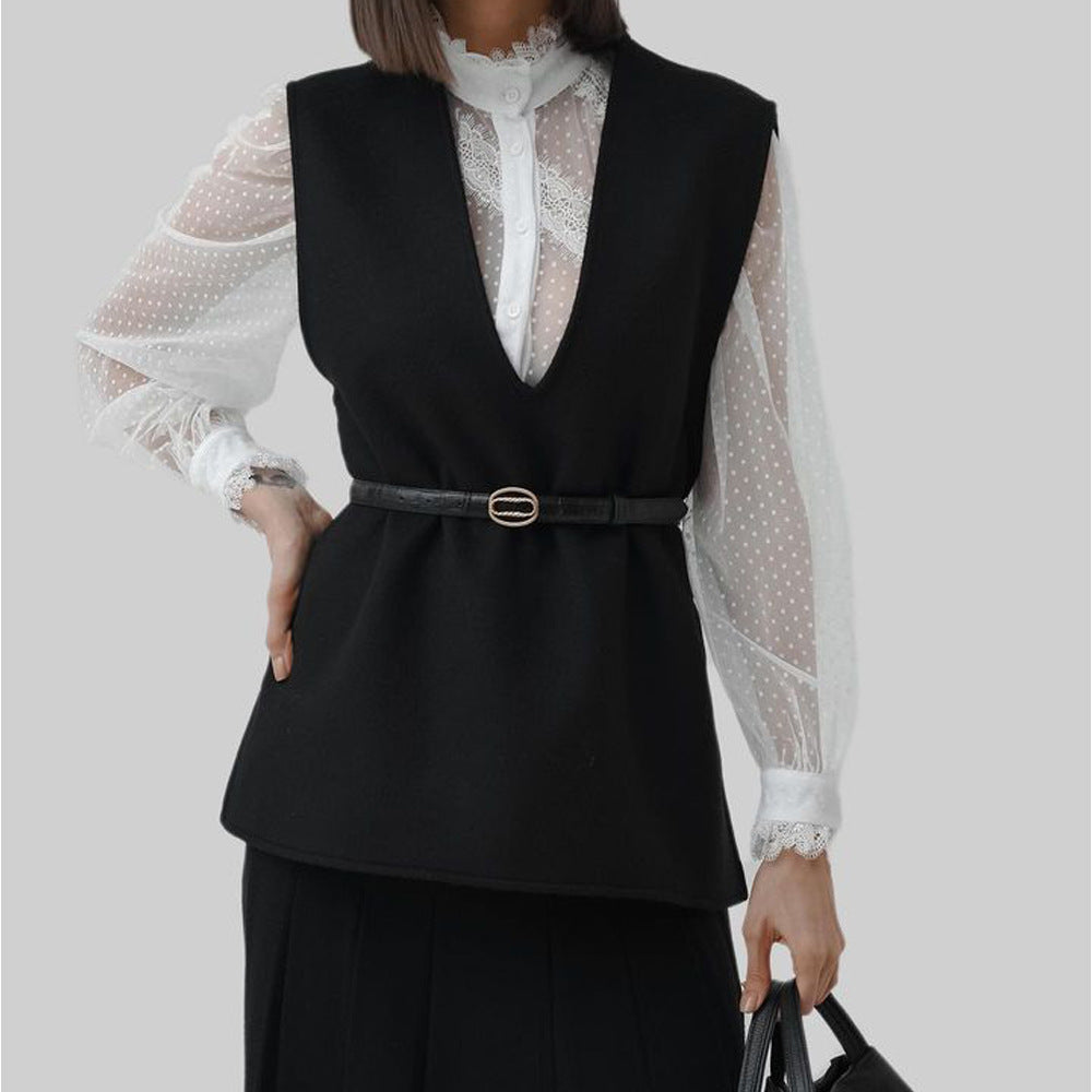 Ladies layered vest with deep V-neck and waistband Lune London