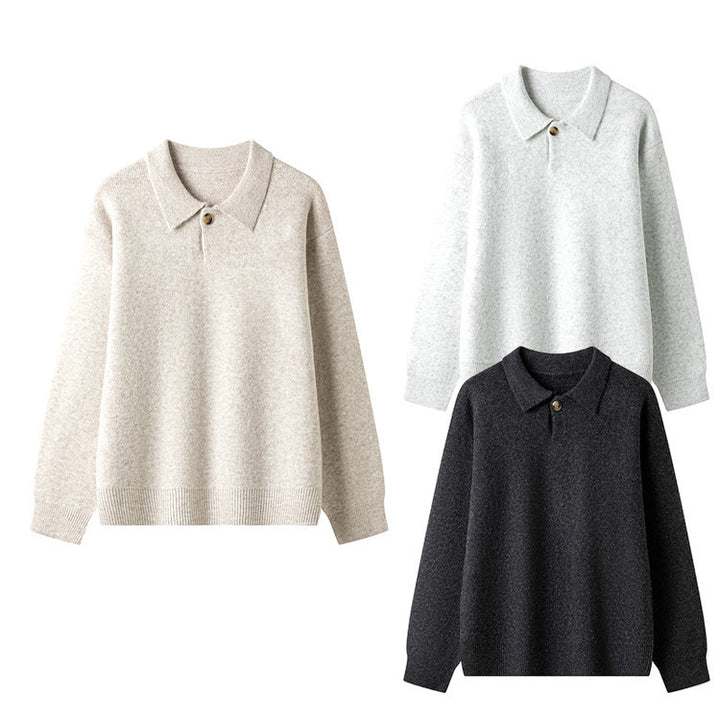 Elegant knitted pullover for ladies with polo collar and button Lune London