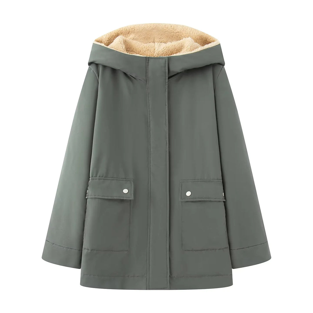 Padded transition jacket for women with soft inner lining and practical hood design Lune London