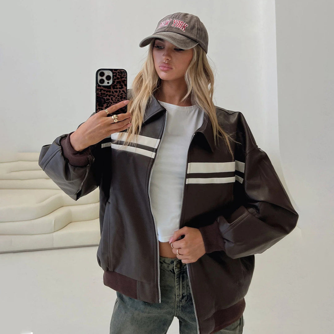 Faux leather fashion jacket for women with a sporty striped design and a relaxed fit Lune London