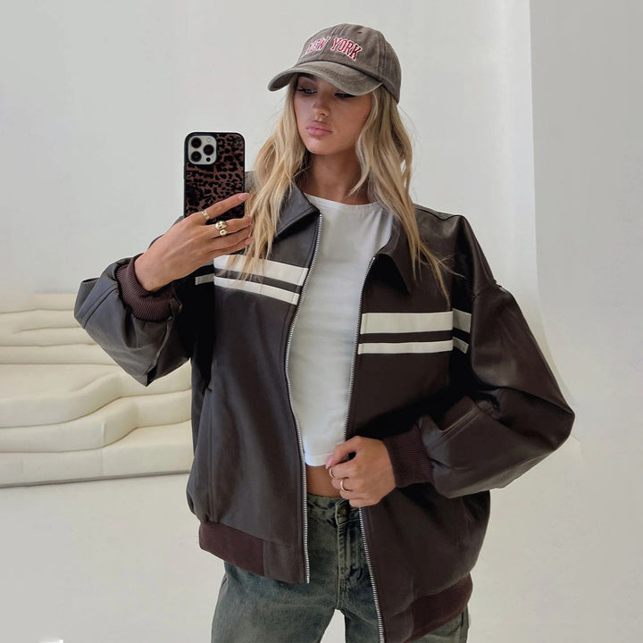 Faux leather fashion jacket for women with a sporty striped design and a relaxed fit Lune London