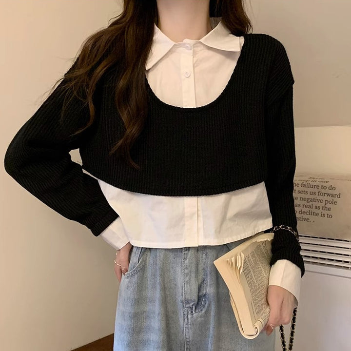 Women's Cropped Knit Sweater with Integrated Shirt