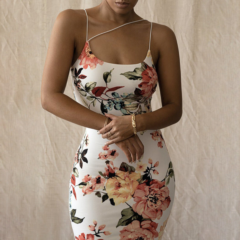 Floral print bodycon dress for women with asymmetrical strap design Lune London