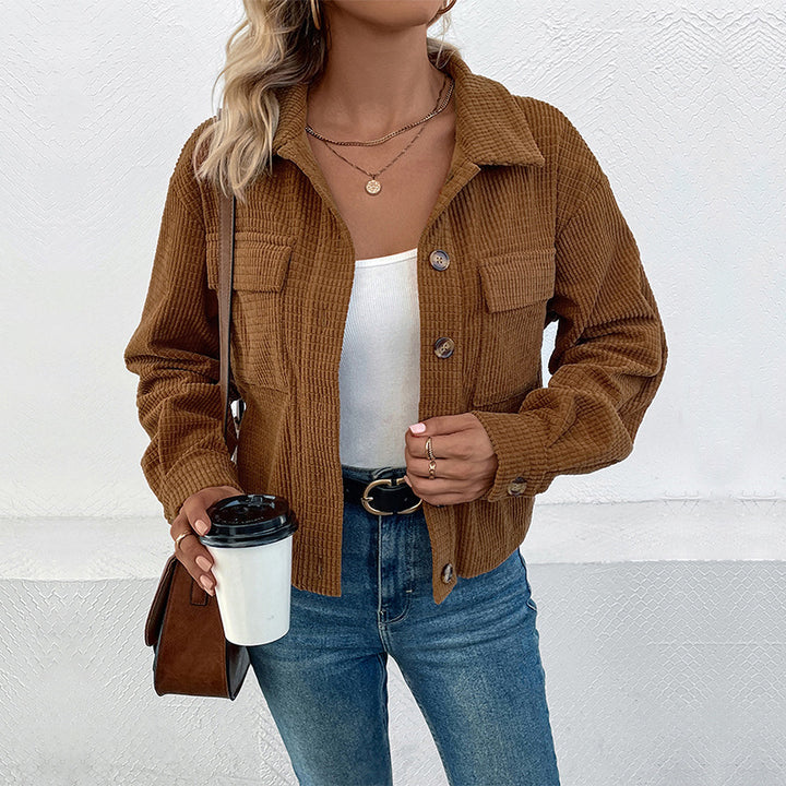 Ladies Khaki Corduroy Jacket with Pockets and Button Closure Lune London