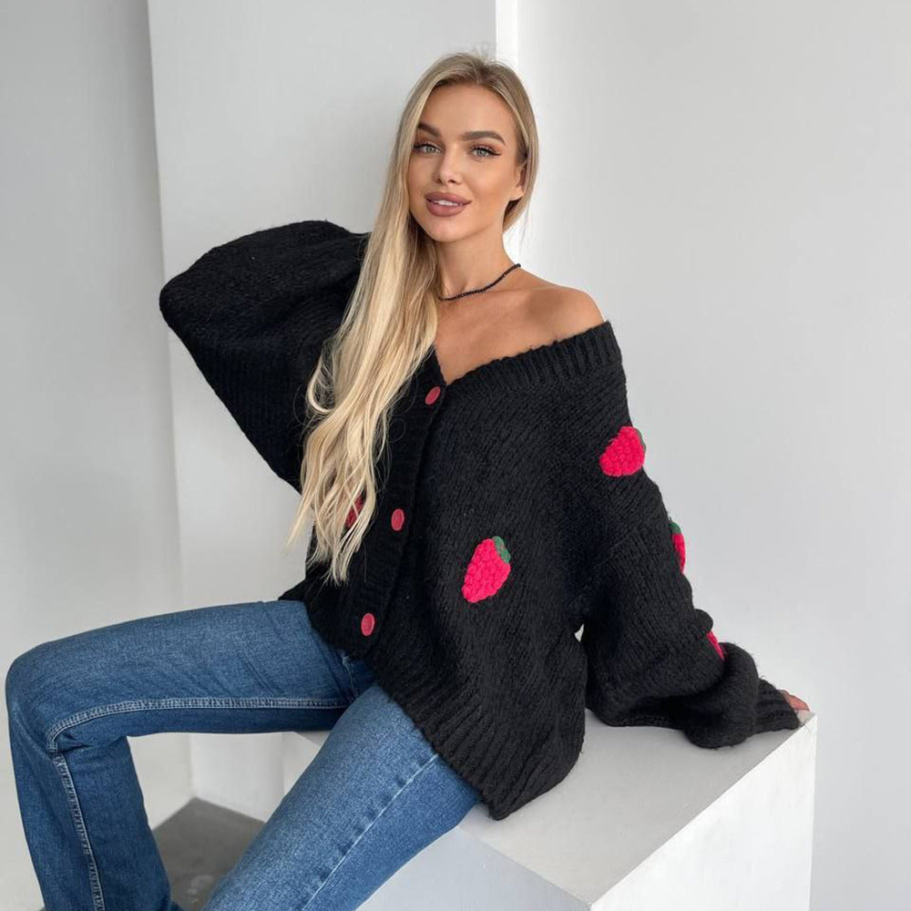 Women's knitted jacket with a playful strawberry pattern and wide sleeves Lune London