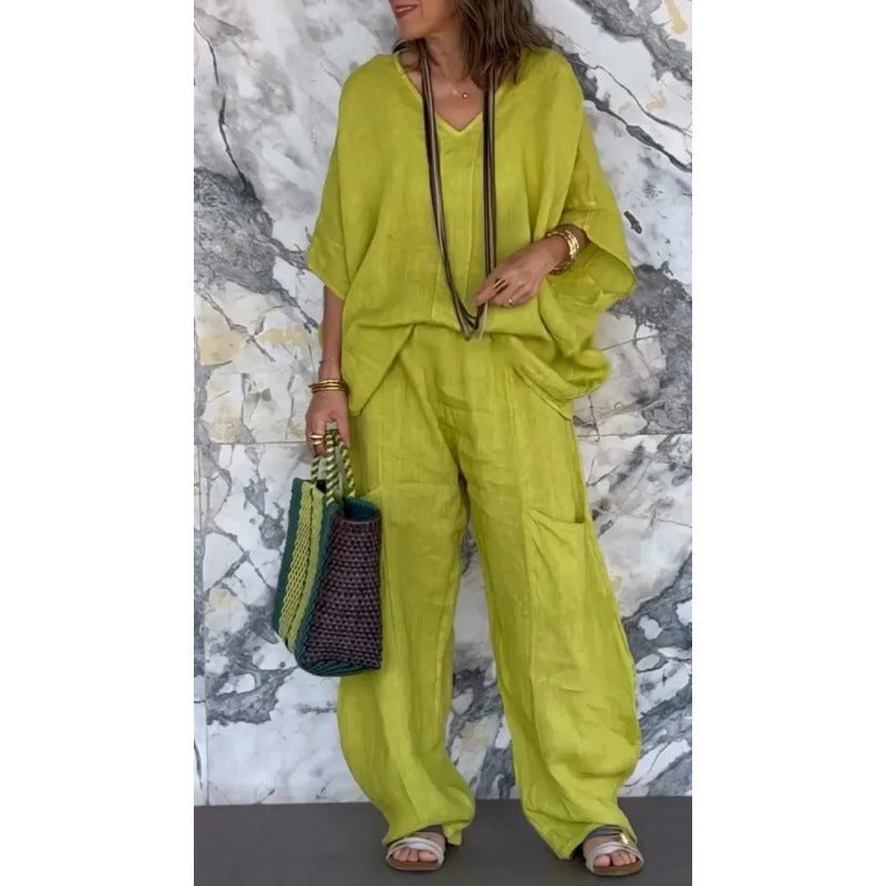 Women Casual Linen Outfit with Wide Legs and V-Neck Lune London