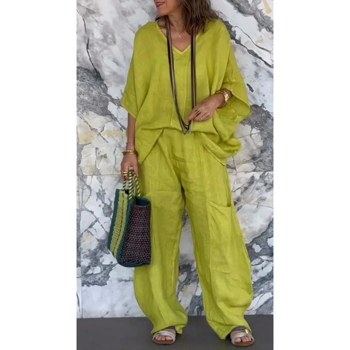 Women Casual Linen Outfit with Wide Legs and V-Neck Lune London