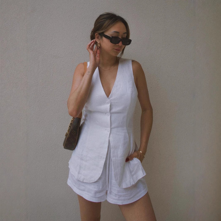 Ladies Elegant Linen Blouse with Chic Shorts Set and Style