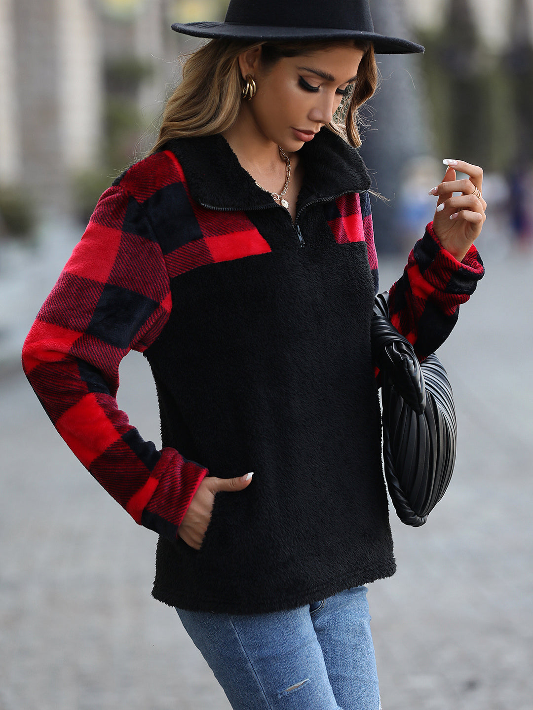 Lune London Women's Plaid Half-Zip Plush Sweater