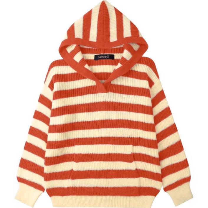 Ladies Comfortable Knitted Sweater with Hood and Striped Pattern Lune London