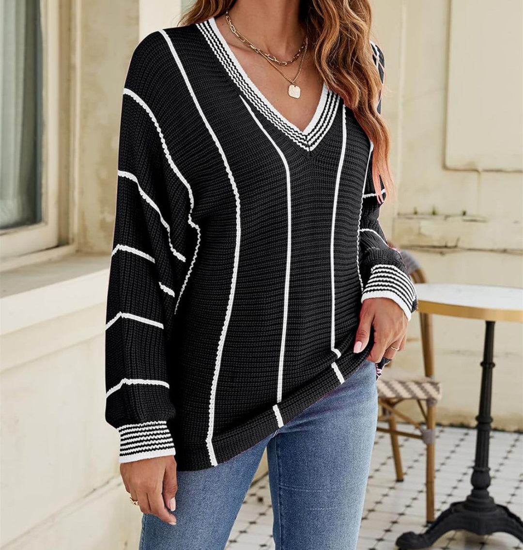 Casual knitted sweater for women with V-neck and wide stripes Lune London