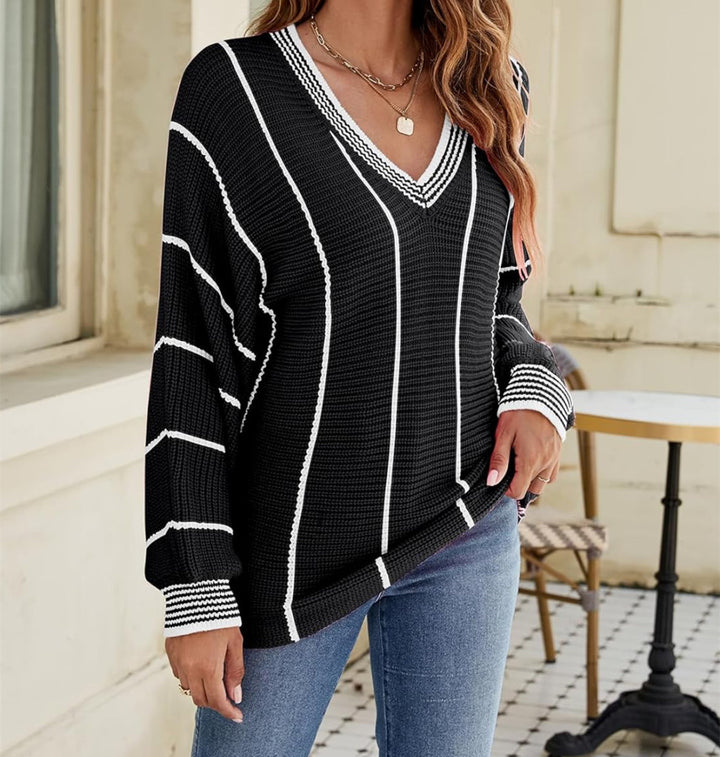 Casual knitted sweater for women with V-neck and wide stripes Lune London