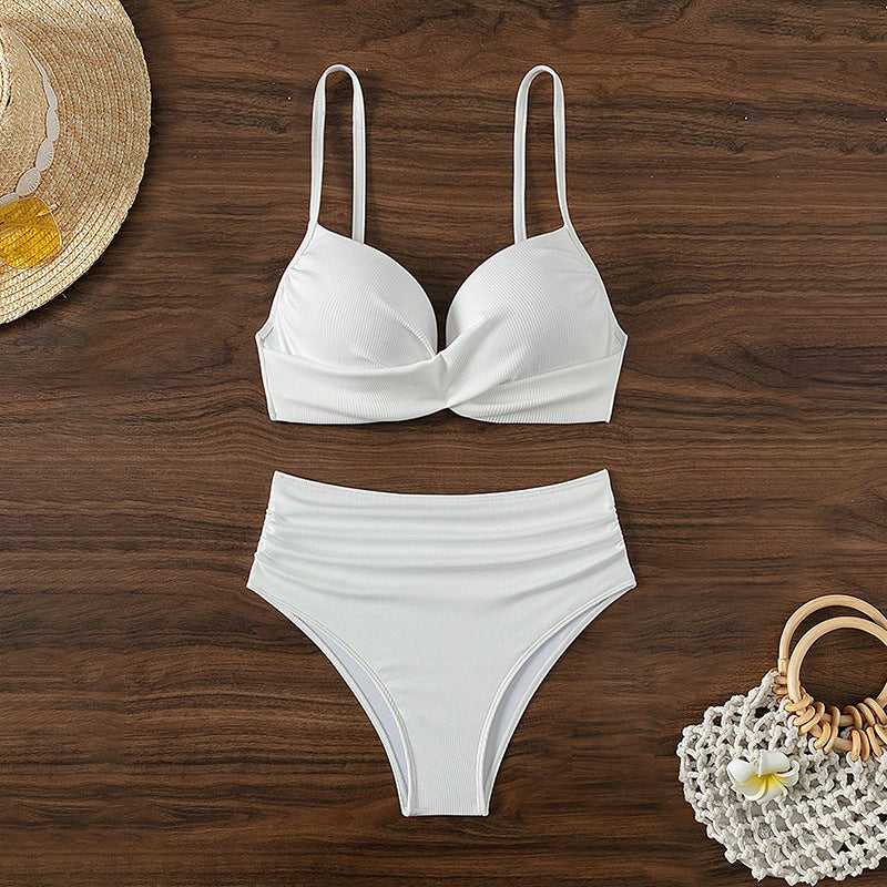 Ladies Ribbed Knit Envelope Crop Top and High Waist Bottom Set Lune London