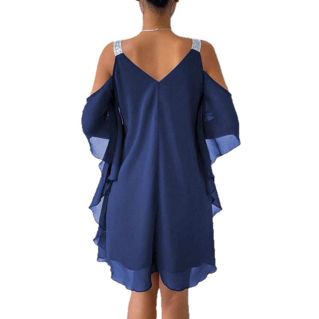 Asymmetrical V-neck dress with off-the-shoulder Lune London