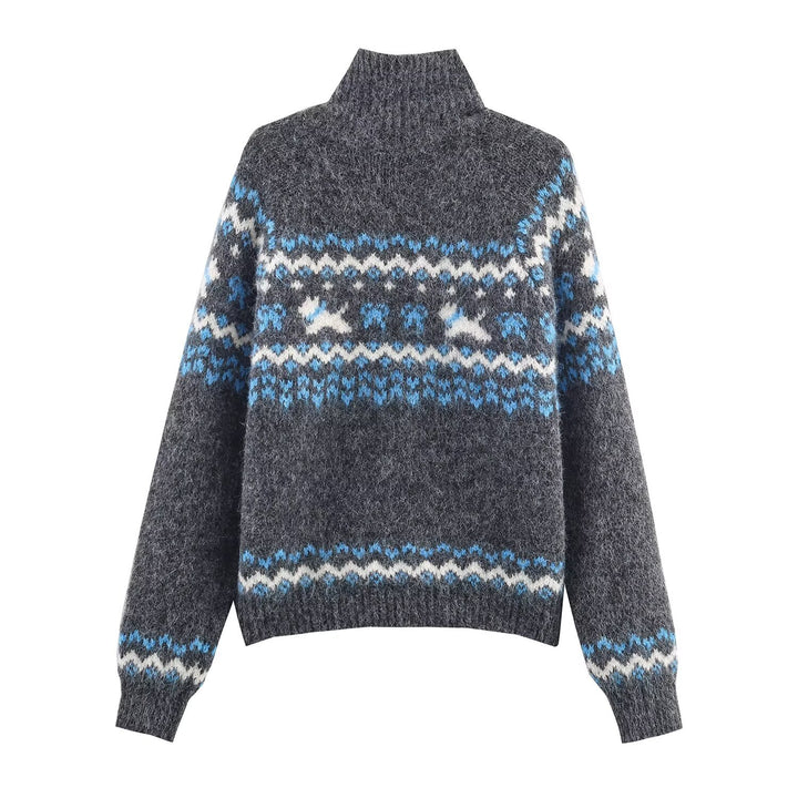 Knitted jacket for women with Norwegian pattern and high collar Lune London