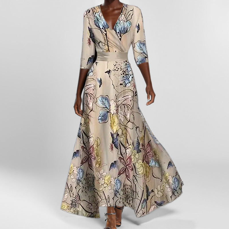 Chic und Stil | Elegant V-Neck Printed Waist Dress with Peplum