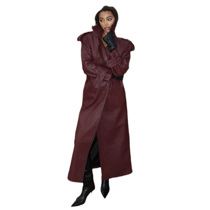 Oversized faux leather trench coat for women with high collar and removable belt Lune London