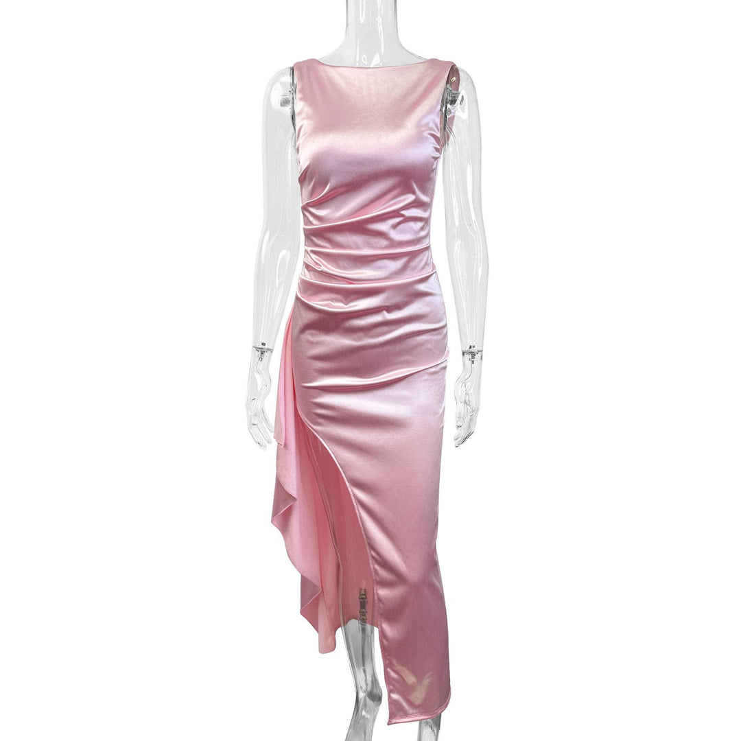 Women's Elegant Satin Evening Dress with Asymmetric Hem and Side Slit Lune London