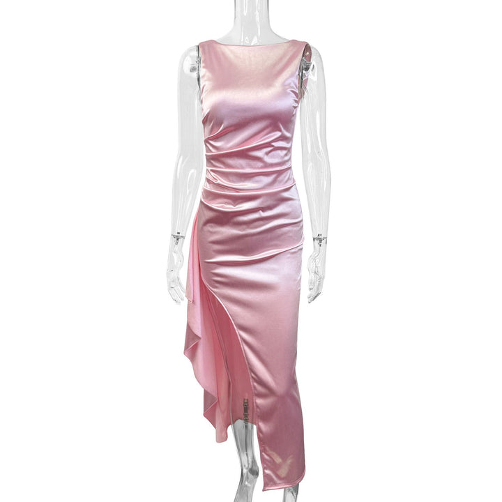 Women's Elegant Satin Evening Dress with Asymmetric Hem and Side Slit Lune London