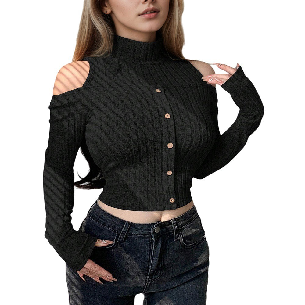 Long sleeve sweater for women, short, with off-shoulder details and button closure Chic & Stil