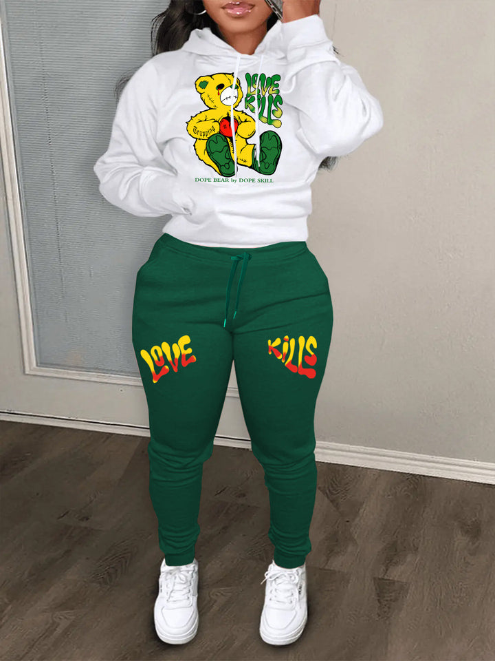 Women Hoodie and jogging pants set with creative bear pattern and striking inscription Lune London